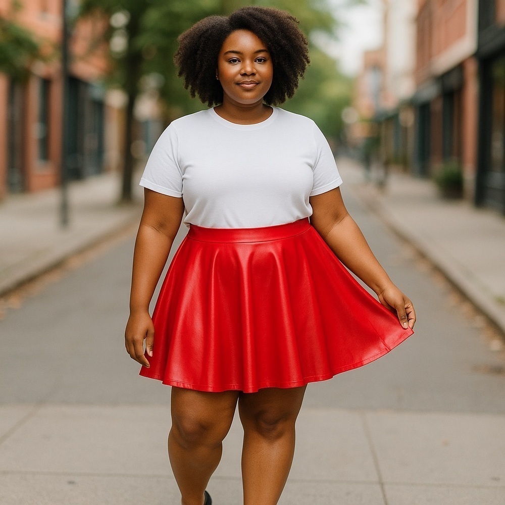 Womens Plus Size Red PU Skater Skirt
New